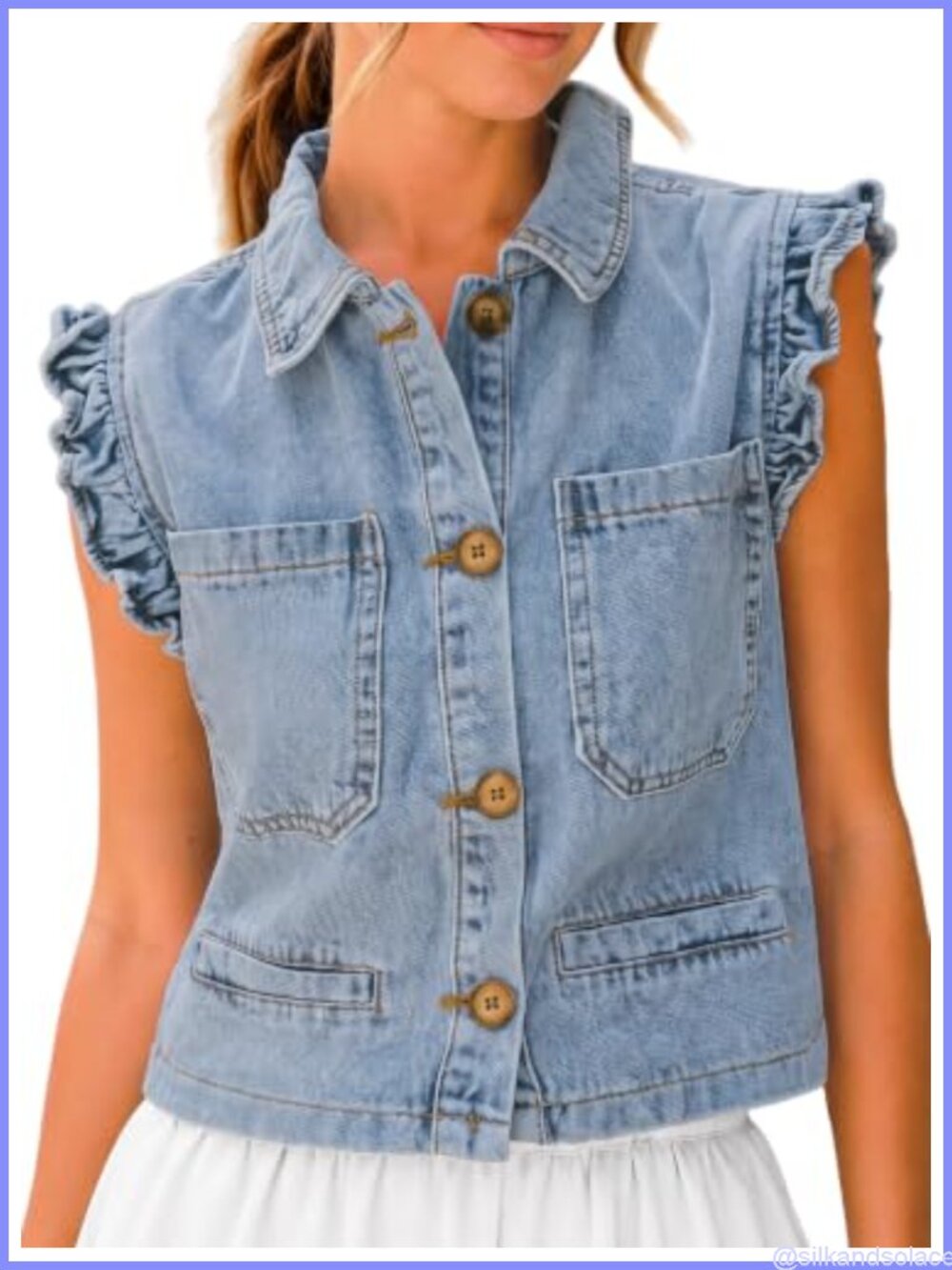 Vintage Washed Denim Vest for Women - Cropped Sleeveless Ruffle Trim